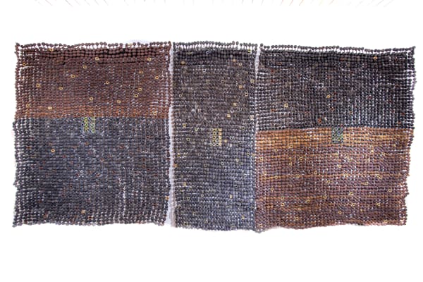 Ozioma Onuzulike, Treasure Islands I (47kg 6,510-piece ceramic palm kernel shell bead amour) [Triptych], 2021