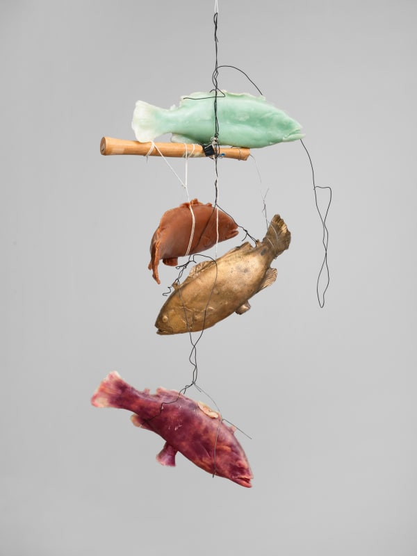 Bruce Nauman, 3 wax fish, bronze fish, hammer handle, 2024