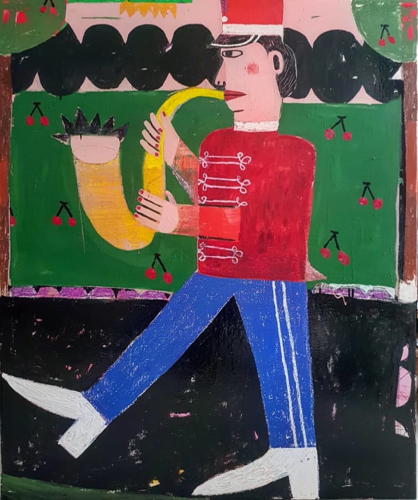 Joachim Lambrechts, Marching man between two cherry trees, 2020