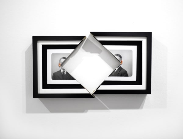 Jonny Briggs, Hearing Square (artist's ears bursting through photographs of his father), 2022