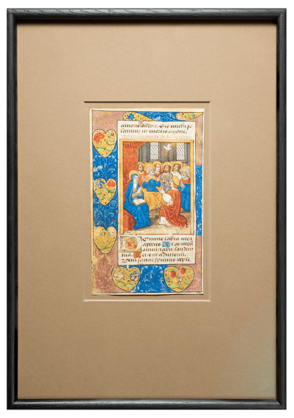 a renaissance miniature painting depicting the Pentecost, from a Book of Hours, in a frame