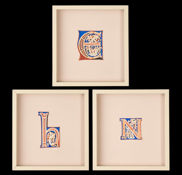 Colorful illuminated iniaitls E, H and N from an Atlantic Bible realized in Tuscany c. 1175.