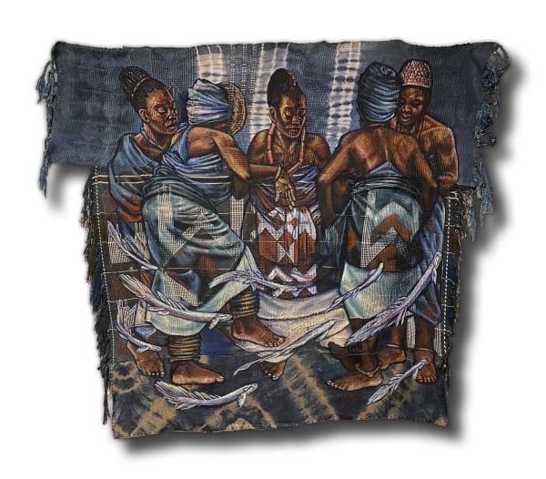 Stephen Hamilton Dance of the titled Mothers, 2022 Acrylic and natural dyes and pigments on burlap and handwoven cotton cloth 76 x 82 in (193 x 208.3 cm)