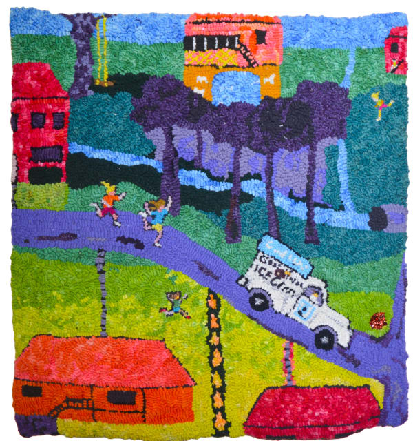Mary Tooley Parker GET A QUARTER!!!, 2023 Hooked tapestry 24 x 24 in Title, artist, year, and location on fabric sewn in back
