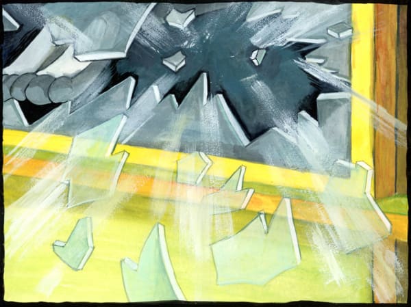 Tae Hwang, Break In While Watching Breakin News, gouache on paper, 6x8in