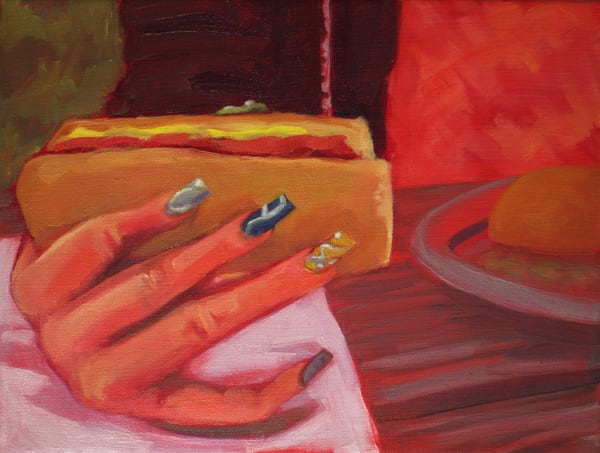 Eva Lewis Hot Dogging at the Picnic, 2023 acrylic and oil on canvas 9 x 12 in.