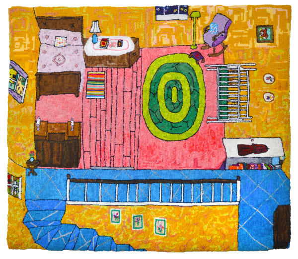 Mary Tooley Parker Upstairs Bedroom, Ruth's, 2023 Hooked tapestry 50.5 x 59 in Title, artist, year, and location on fabric sewn in back