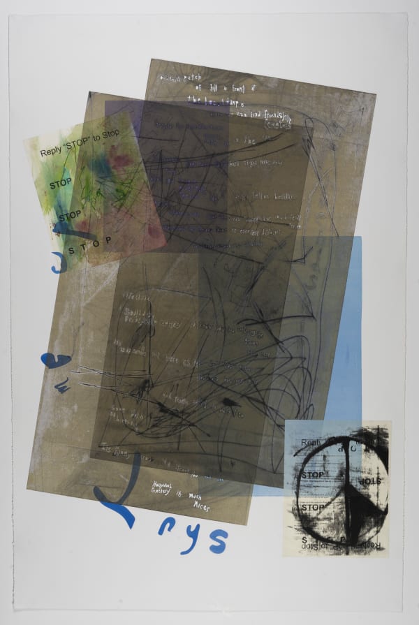 Raque Ford Shut me up reply “STOP” to stop, 2022 Oil and watercolor with drypoint with chine collé 46 3/4 x 30 3/4 in (framed 51 x 35 x 2in) 118.7 x 78.1 cm