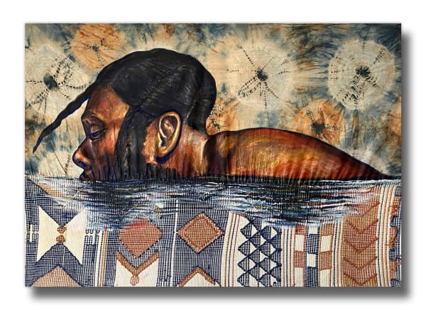 Stephen Hamilton At The Water Line, 2022 Acrylic and natural dyes and pigments on muslin and handwoven cotton cloth 42 x 55 in (106.7 x 139.7 cm)