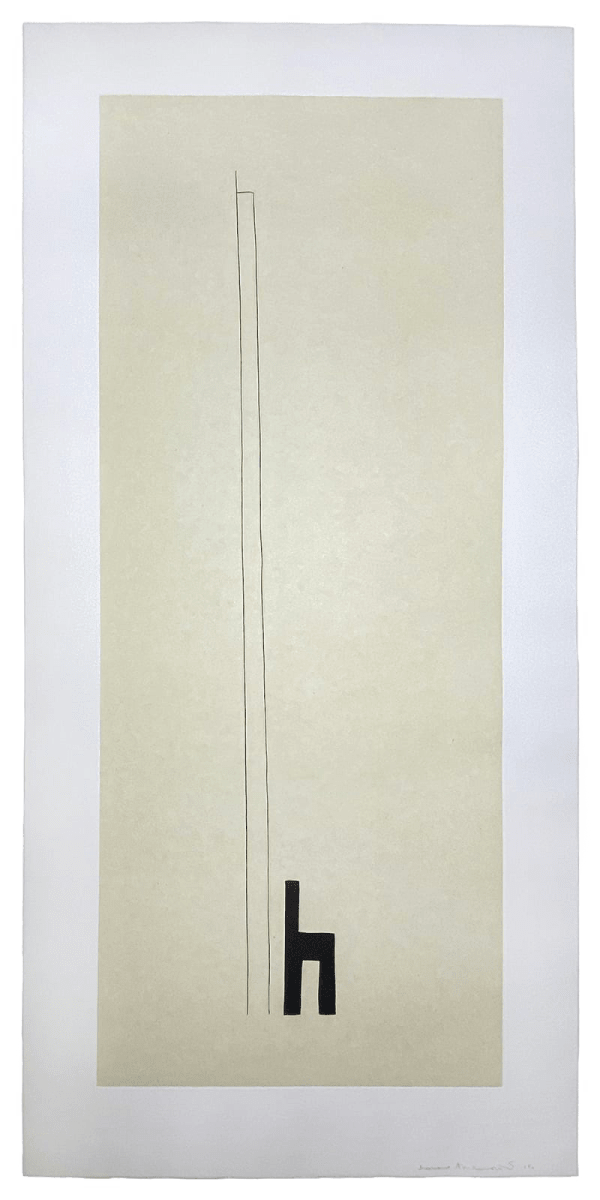 Marina Abramović Chair for the Spirit Chair for Man, 1999 Soft ground etching, aquatint, and chine collé Image: 47 1/2 x 19 3/4 inches Sheet: 55 1/2 x 26 3/4 inches Edition of 21 plus 6 artist's proofs Signed and numbered lower right In the collection of the Hood Museum at Dartmouth College, New Hampshire and the Davis Museum at Wellesley College, Massachusetts.