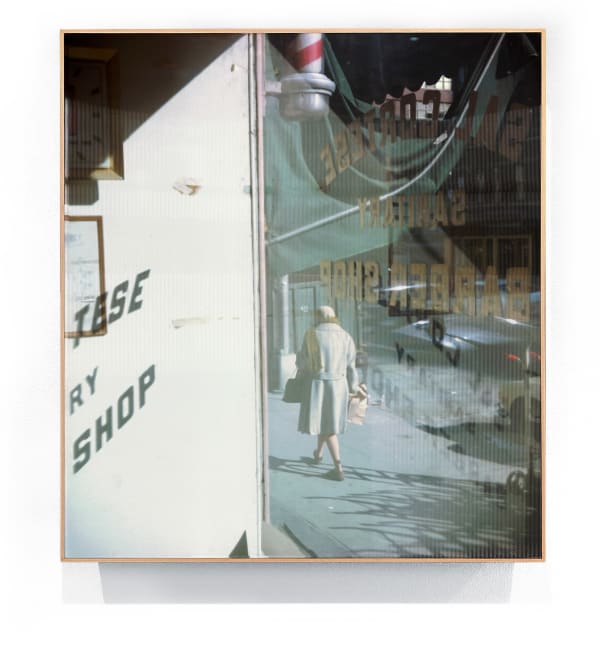 Stephen Shore New York, New York, 1974 [Barber Shop Window], 2023 Archival pigment print, 3D lenticular lens, walnut frame 20-1/4 x 18-1/4 x 4 inches (51.44 x 46.35 x 10.16 cm.) Edition of 5 plus 2 artist's proofs Signed and dated on signature label