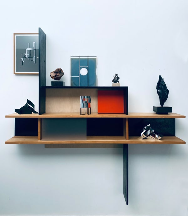 Justin Hibbs House rules II, 2022 Antique wooden shelf, black laquered shelving and plywood 178 x 175.5 cm 70 1/16 x 69 1/16 in