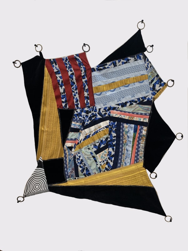Jessica Voorsanger Small dense lines, 2021 Recycled clothing, vintage fabrics, threads, curtain rings 94 x 81 cm 37 1/8 x 31 7/8 in