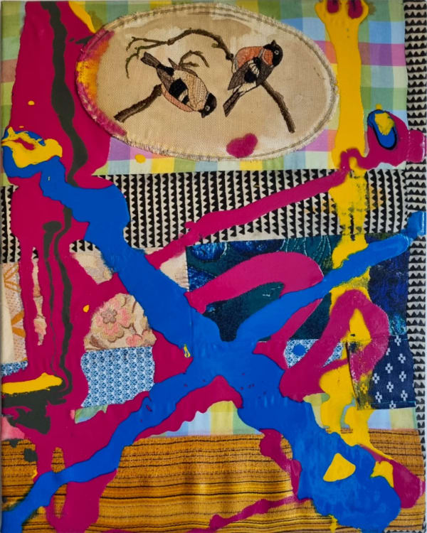 Jessica Voorsanger Fabric Construction with birds, 2019 vintage fabric, threads, paint 50 x 40 cm 19 11/16 x 15 3/4 in