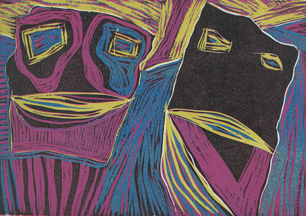 Paul Atkins Paperbag Men, 2022 Relief Print 29.7 x 42 cm 11 11/16 x 16 9/16 in