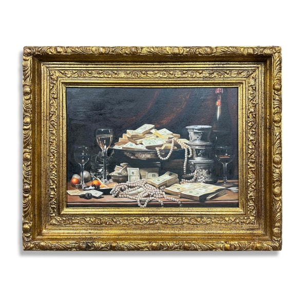 Daniel Allen Cohen, Still Life of Pearls, Cash, & Wine, 2024
