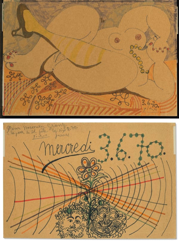 Pablo Picasso, Nu couché au collier (recto) ; Deux têtes (verso), 1970