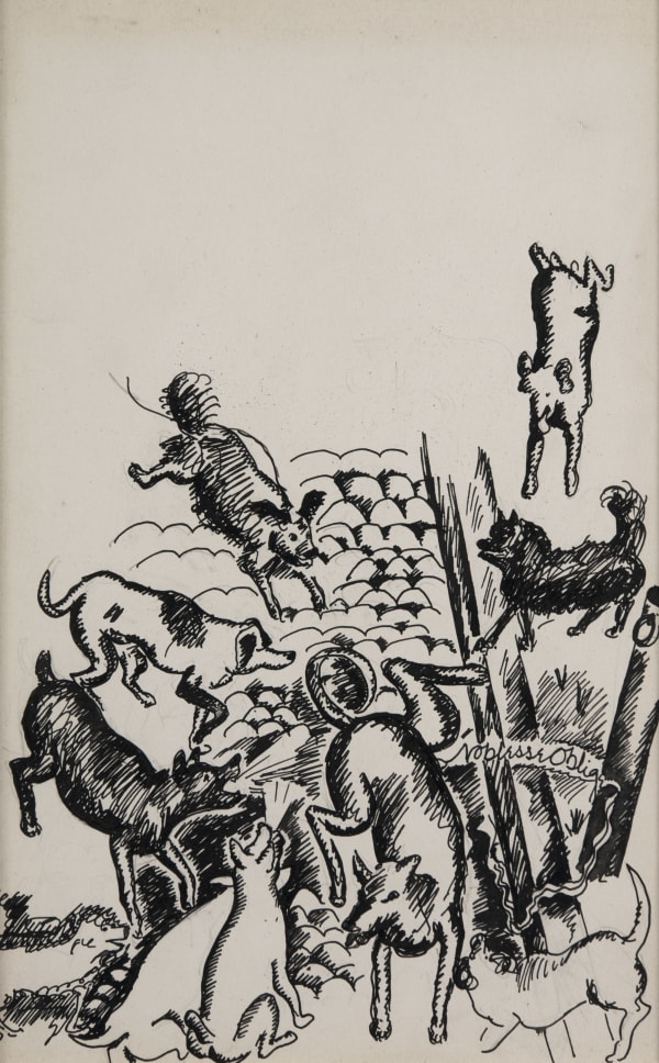Alexander Calder, Runt Piddling on the Road with Dogs About, 1925
