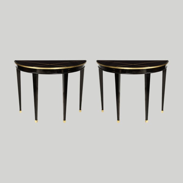 Custom Pair of Ebonized Demilune Consoles with Inlaid Brass Top