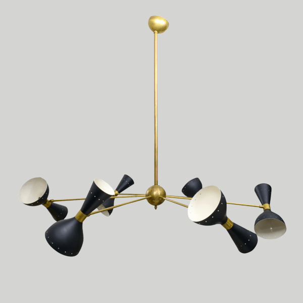 Mid-Century Inspired Six-Arm Brass Fixture with Articulated Black Shades