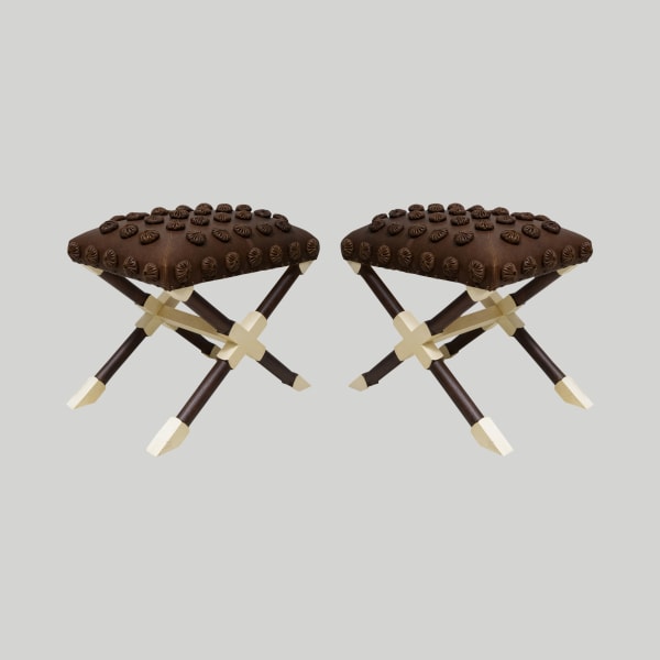 Custom Pair of Oak and Parchment X-Frame Benches upholstered in Leather