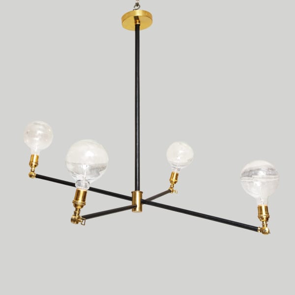 Custom Sculptural Leather and Brass Four-Arm Fixture with Articulating Arms