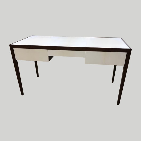 Custom Mahogany and Parchment Desk Featuring Three Central Drawers