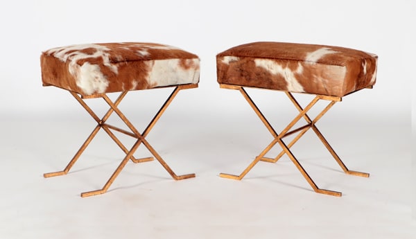 Pair Gilt-iron Cowhide X-frame Benches in the Jean Michel-Frank Manner