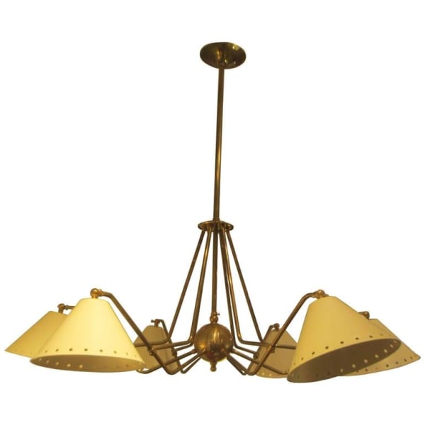 Custom Six-Light Brass and Tole Fixture in the Mid-Century Manner