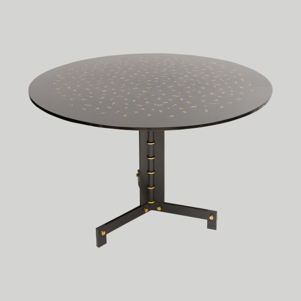 Bespoke Black Lacquered Circular Table on Steel and Brass Base