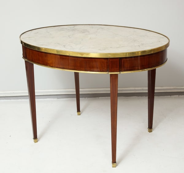 Antique French Mahogany Oval Marble-Top Bouillote Table on Tapered Legs