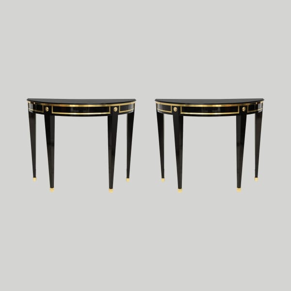 Bespoke Pair of Brass-Banded Demilune Consoles in the Neoclassic Manner