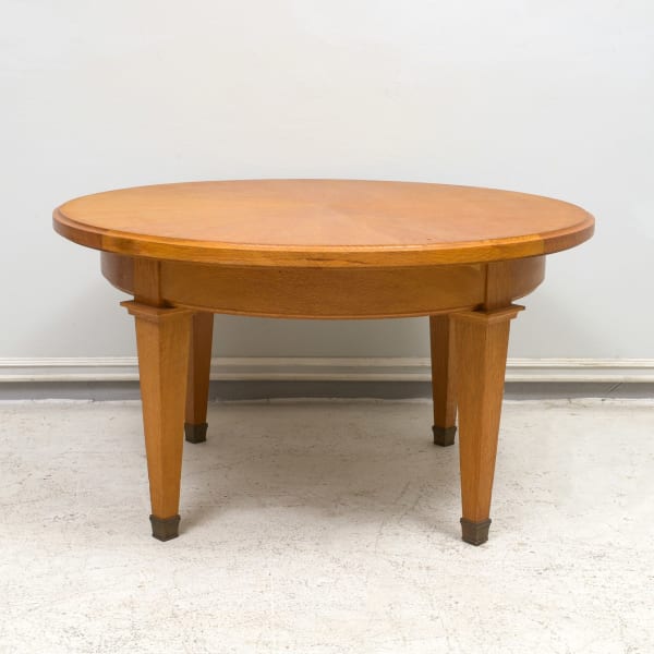 Vintage French Circular Coffee Table in Oak on Tapered Legs ending in Brass Sabots