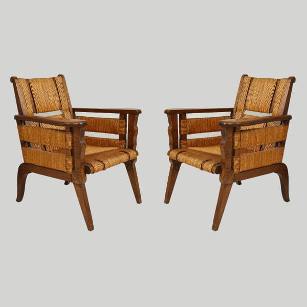 Custom Pair of Oak Caned Gabriel Lounge Chairs