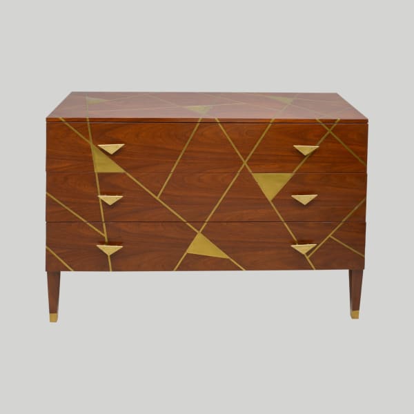 Unusual Brass-inlaid Mahogany Chest with Geometric Pattern and Bronze Pulls
