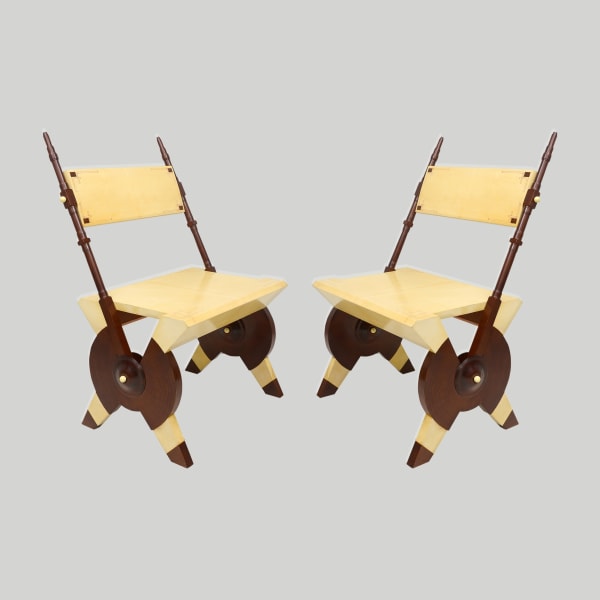 Pair of Carlo Bugatti Inspired Handcrafted Parchment and Mahogany Chairs