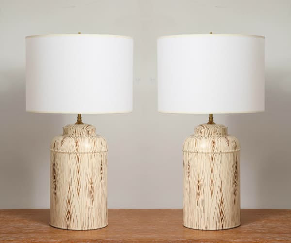 Custom Pair of Tole Faux-Painted Canister Lamps