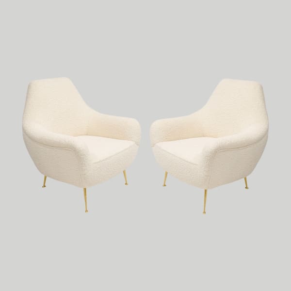 Custom Pair of Italian Mid-century Modern Lounge Chairs Upholstered in Boucle
