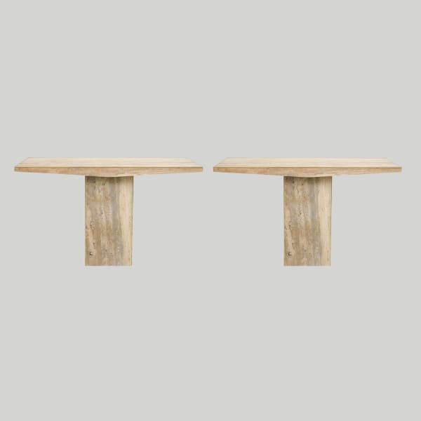 Sculptural Pair of Contemporary Italian Travertine Consoles with Brass Banding