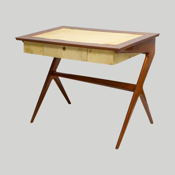 Sculptural Italian Mid-Century Mahogany and Parchment Desk with Three Drawers