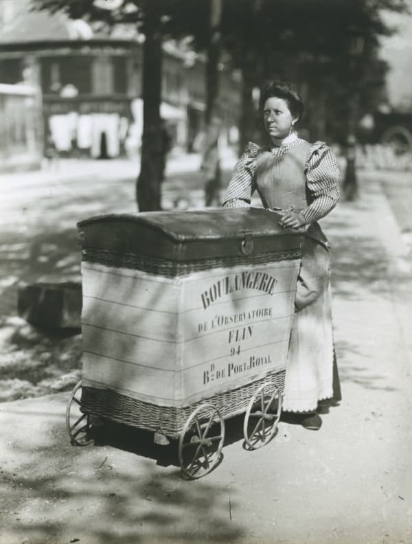 Eugene Atget, Untitled (Woman with boulangerie cart), c. 1900