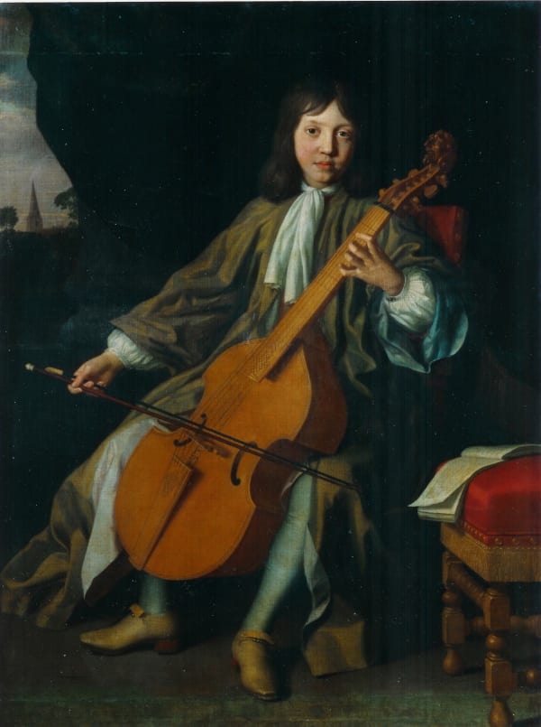 Frederick Kerseboom, Portrait of Sir John Langham 4th Bart. as a boy aged 12 playing a bass Viola-da-gamba on a portico, 1683