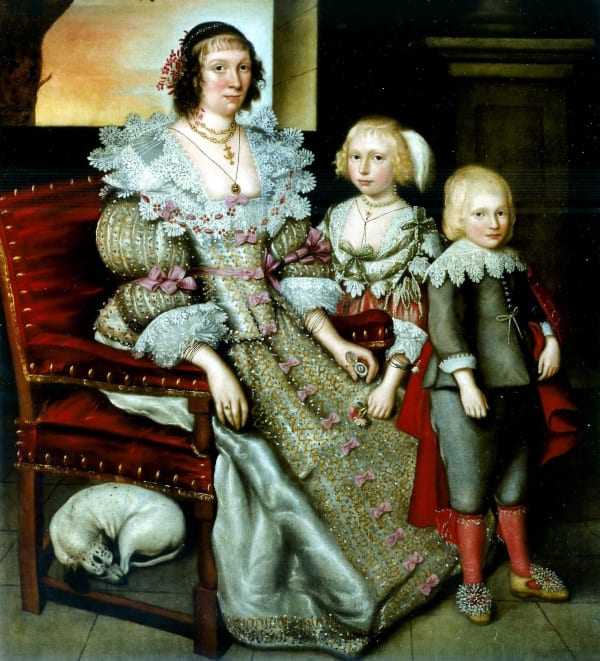 Attributed to Marcus Gheeraerts the Younger, Full length portraits, here identified as of Frances Earle (nee Fountaine) in an opulently embroidered dress sitting in a chair holding a watch, with her eldest daughter and eldest son John Earle on a portico; their dog sleeps beneath the chair