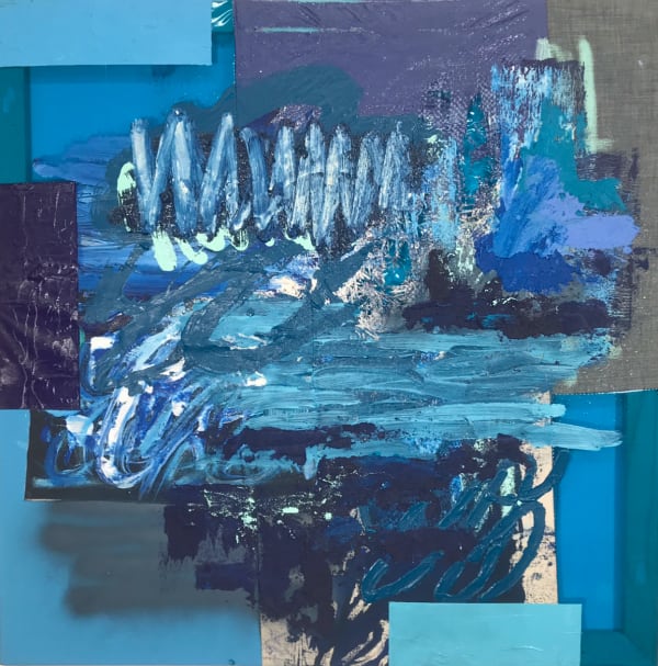 Patrick Alston, Atlantic Blues, 2020, 76 × 76cm / 30 × 30in, Acrylic, ink, oil, oil stick and spray paint on sewn tarp, canvas, plastic and fabric