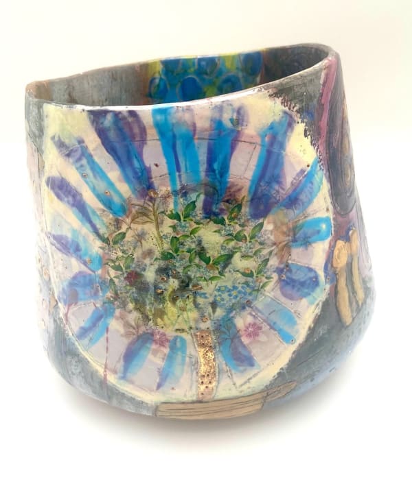 Linda Styles, Medium scale bowl with a floral theme, an homage to the flower farms and their general demise. Manganese overload and violet lustres abound, frosted mother of pearl and the dark opulence of the interior entirely meant, as is the prowling golden fox, 2022