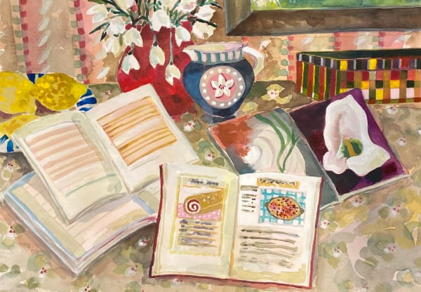 Lottie Cole, Table with Agnes Martin, Georgia O’keefe, Cherry Roulade & Clafoutis , 2022