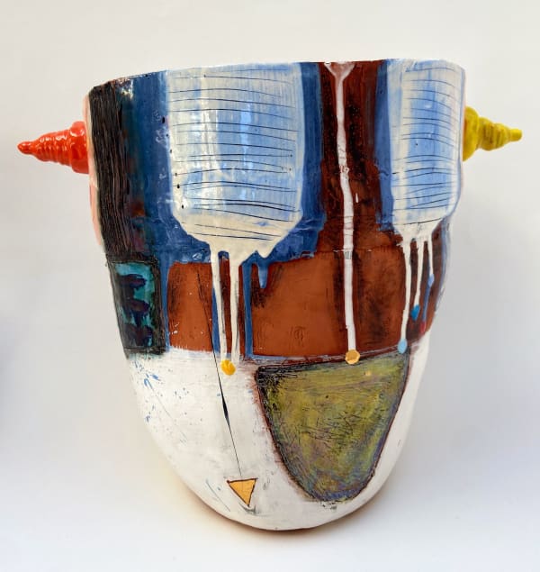 Linda Styles, Softly curved and of the ‘Feminine’, a decorative ceramic vessel with Earth pigment/metal oxide undertones and precious metals/iridescent overtones, 2019