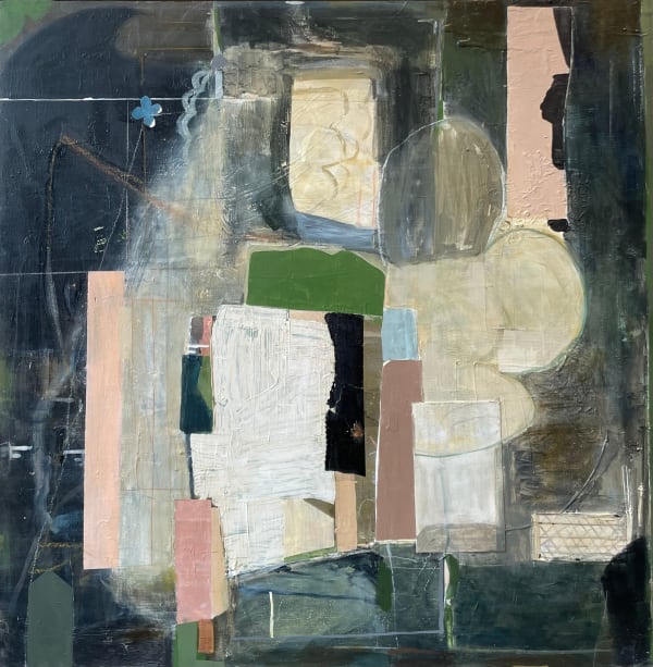 Square Painting with Green Shapes and Stripe