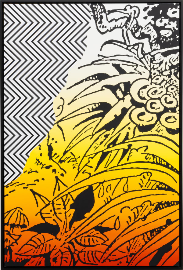 Claudia Comte, In the Green Heat of the Vast Forest, Bird Calls Echoed from the Giant Trunks (zigzag/jungle painting), 2024