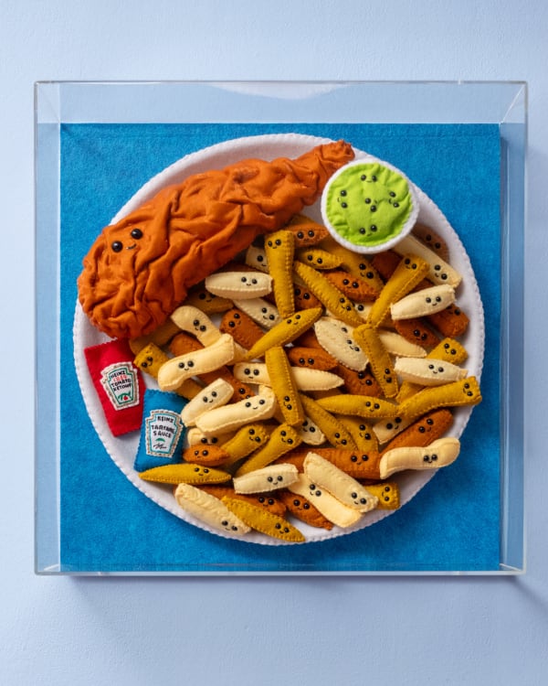 Lucy Sparrow Fish and Chips, 2025 Plate of food containing felt pieces curated by the artist and framed in a perspex box. From a limited edition of 20 and featuring exclusive items. 46 x 46 x 5 cm (18 1/8 x 18 1/8 x 2 in)